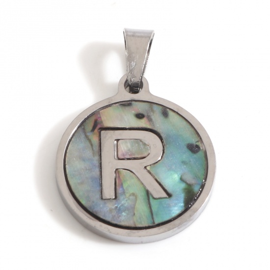 Picture of 304 Stainless Steel & Shell Charms Silver Tone Multicolor Round Initial Alphabet/ Capital Letter Message " R " 24mm x 16mm, 1 Piece