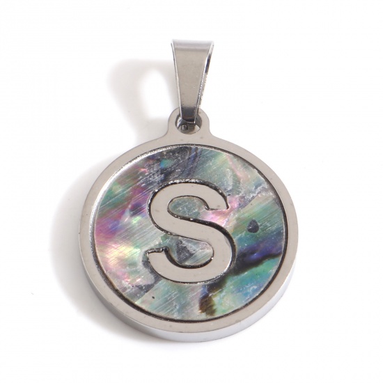Picture of 304 Stainless Steel & Shell Charms Silver Tone Multicolor Round Initial Alphabet/ Capital Letter Message " S " 24mm x 16mm, 1 Piece