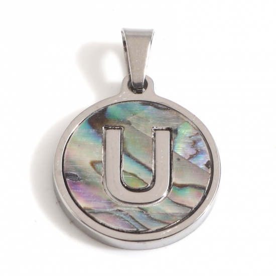 Picture of 304 Stainless Steel & Shell Charms Silver Tone Multicolor Round Initial Alphabet/ Capital Letter Message " U " 24mm x 16mm, 1 Piece