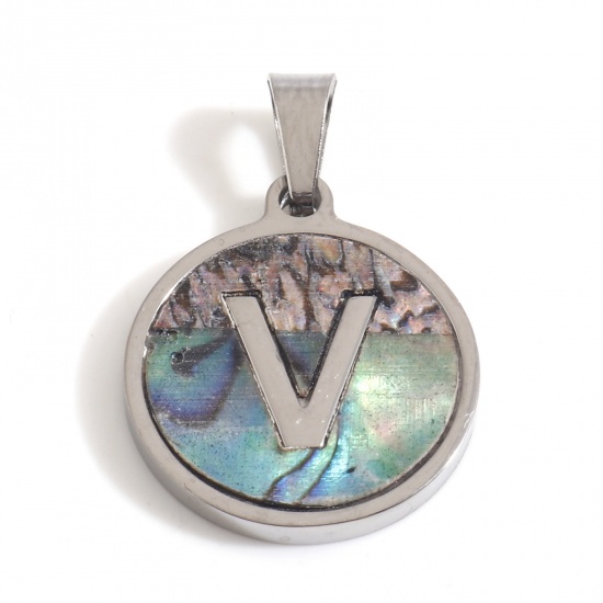 Picture of 304 Stainless Steel & Shell Charms Silver Tone Multicolor Round Initial Alphabet/ Capital Letter Message " V " 24mm x 16mm, 1 Piece