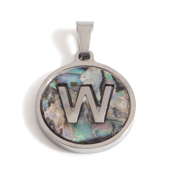 Picture of 304 Stainless Steel & Shell Charms Silver Tone Multicolor Round Initial Alphabet/ Capital Letter Message " W " 24mm x 16mm, 1 Piece