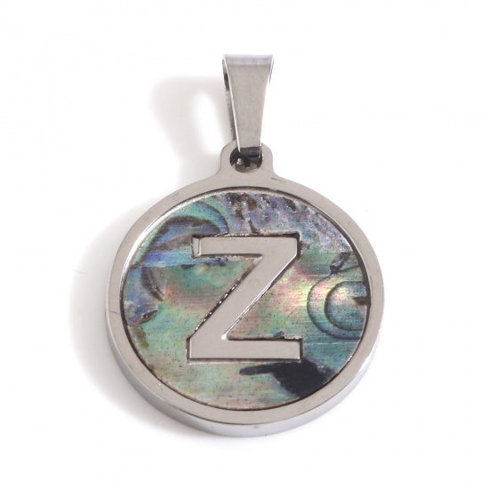 Picture of 304 Stainless Steel & Shell Charms Silver Tone Multicolor Round Initial Alphabet/ Capital Letter Message " Z " 24mm x 16mm, 1 Piece