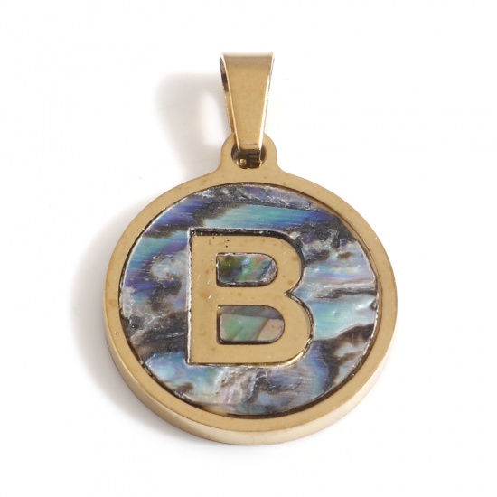 Picture of 304 Stainless Steel & Shell Charms Gold Plated Multicolor Round Initial Alphabet/ Capital Letter Message " B " 24mm x 16mm, 1 Piece