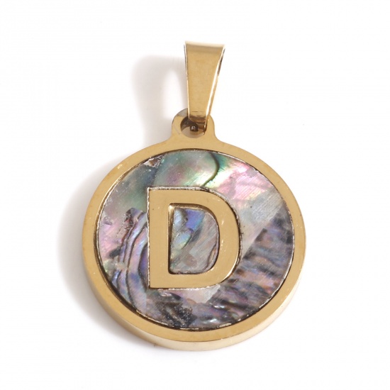 Picture of 304 Stainless Steel & Shell Charms Gold Plated Multicolor Round Initial Alphabet/ Capital Letter Message " D " 24mm x 16mm, 1 Piece