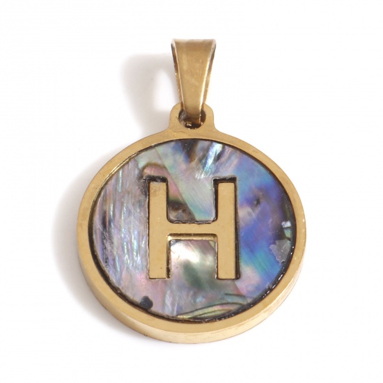 Picture of 304 Stainless Steel & Shell Charms Gold Plated Multicolor Round Initial Alphabet/ Capital Letter Message " H " 24mm x 16mm, 1 Piece