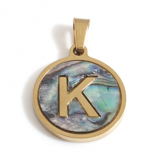 Picture of 304 Stainless Steel & Shell Charms Gold Plated Multicolor Round Initial Alphabet/ Capital Letter Message " K " 24mm x 16mm, 1 Piece