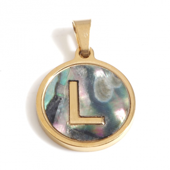 Picture of 304 Stainless Steel & Shell Charms Gold Plated Multicolor Round Initial Alphabet/ Capital Letter Message " L " 24mm x 16mm, 1 Piece
