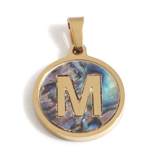 Picture of 304 Stainless Steel & Shell Charms Gold Plated Multicolor Round Initial Alphabet/ Capital Letter Message " M " 24mm x 16mm, 1 Piece