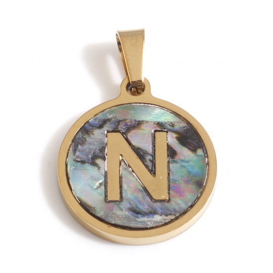 Picture of 304 Stainless Steel & Shell Charms Gold Plated Multicolor Round Initial Alphabet/ Capital Letter Message " N " 24mm x 16mm, 1 Piece