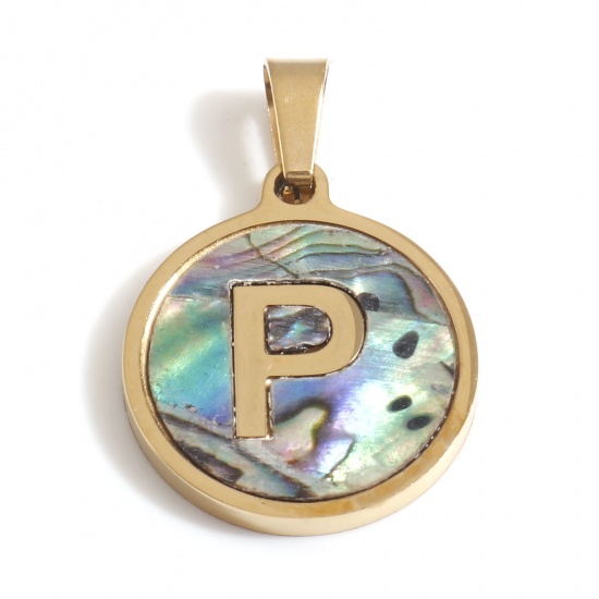 Picture of 304 Stainless Steel & Shell Charms Gold Plated Multicolor Round Initial Alphabet/ Capital Letter Message " P " 24mm x 16mm, 1 Piece