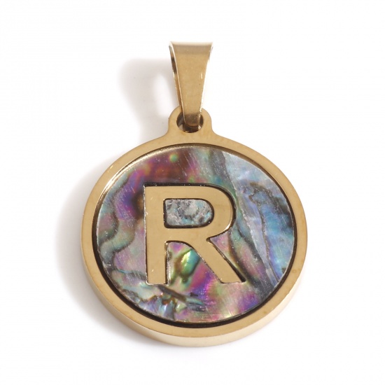 Picture of 304 Stainless Steel & Shell Charms Gold Plated Multicolor Round Initial Alphabet/ Capital Letter Message " R " 24mm x 16mm, 1 Piece