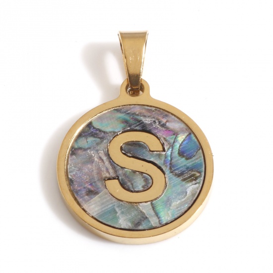 Picture of 304 Stainless Steel & Shell Charms Gold Plated Multicolor Round Initial Alphabet/ Capital Letter Message " S " 24mm x 16mm, 1 Piece