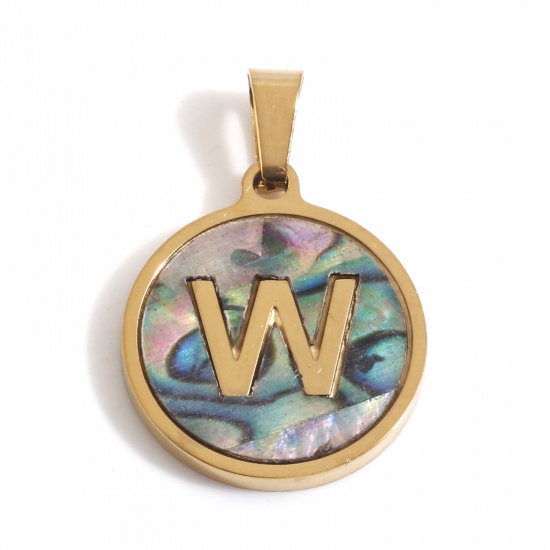 Picture of 304 Stainless Steel & Shell Charms Gold Plated Multicolor Round Initial Alphabet/ Capital Letter Message " W " 24mm x 16mm, 1 Piece