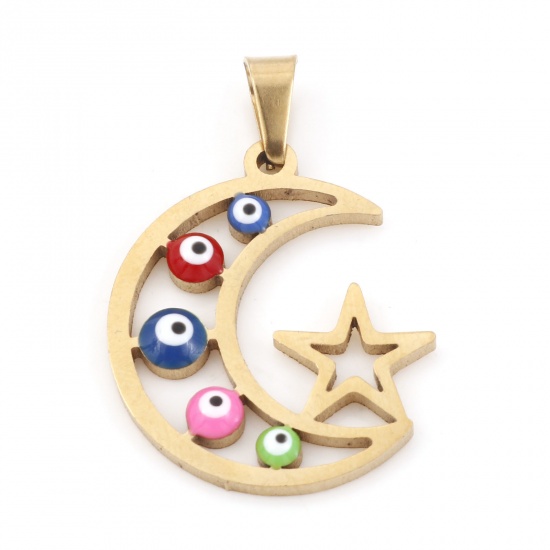 Picture of 304 Stainless Steel Religious Charms Gold Plated Multicolor Half Moon Evil Eye Enamel 28mm x 19mm, 1 Piece