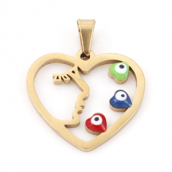 Picture of 304 Stainless Steel Religious Charms Gold Plated Multicolor Heart Evil Eye Enamel 25mm x 20mm, 1 Piece