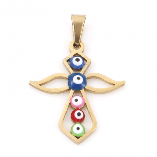 Picture of 304 Stainless Steel Religious Charms Gold Plated Multicolor Cross Evil Eye Enamel 26mm x 19.5mm, 1 Piece