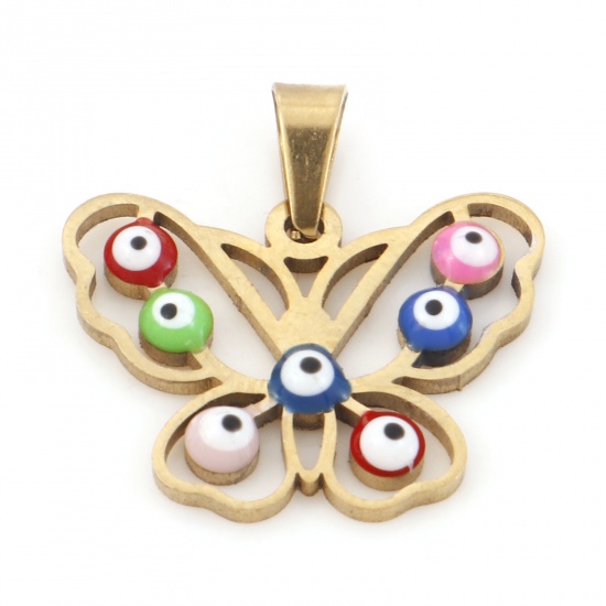 Picture of 304 Stainless Steel Religious Charms Gold Plated Multicolor Butterfly Animal Evil Eye Enamel 20.5mm x 20mm, 1 Piece