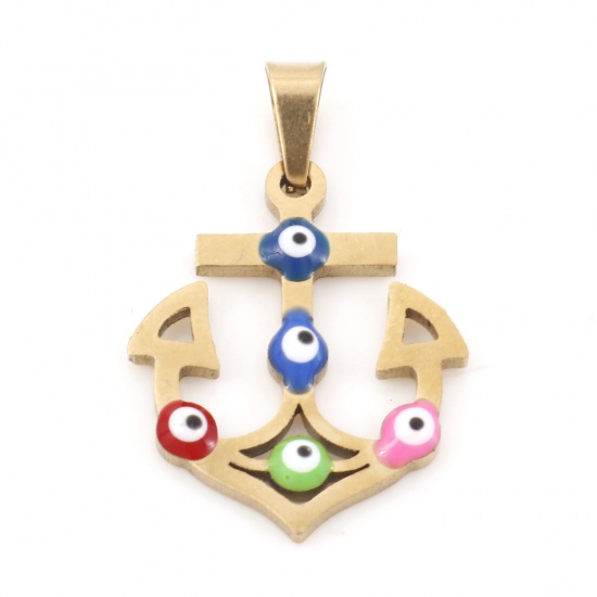 Picture of 304 Stainless Steel Religious Pendants Gold Plated Multicolor Rudder Evil Eye Enamel 3cm x 2.2cm, 1 Piece