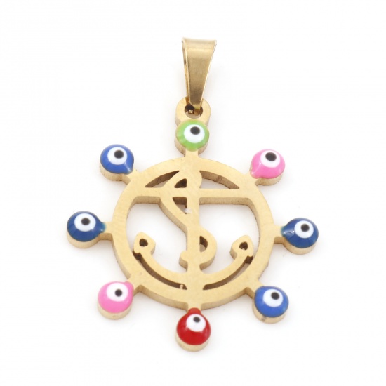 Picture of 304 Stainless Steel Religious Charms Gold Plated Multicolor Anchor Evil Eye Enamel 27mm x 17mm, 1 Piece