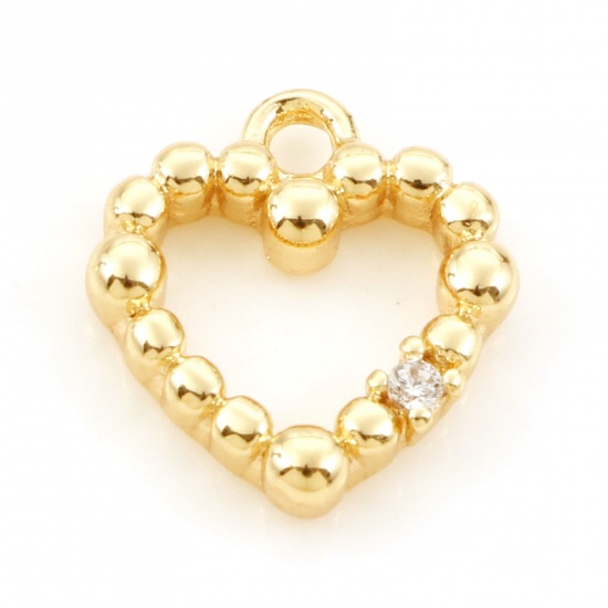 Imagen de Latón día de San Valentín Colgantes Charms Corazón Oro Real Chapado Micro Pave Claro Circón Artificial 12mm x 11mm, 2 Unidades