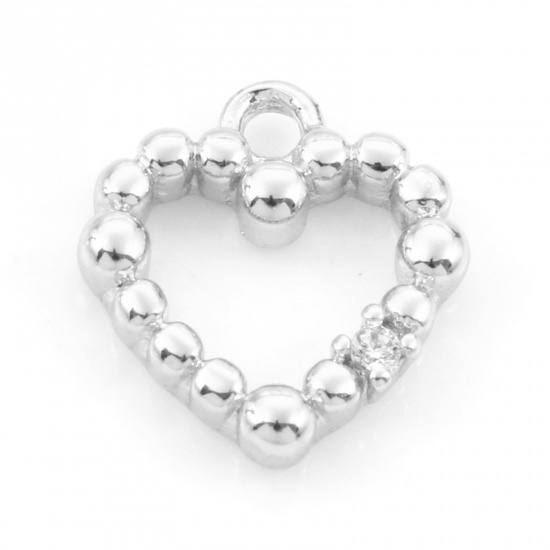 Imagen de Latón día de San Valentín Colgantes Charms Corazón Platino Real Chapado Micro Pave Claro Circón Artificial 12mm x 11mm, 2 Unidades