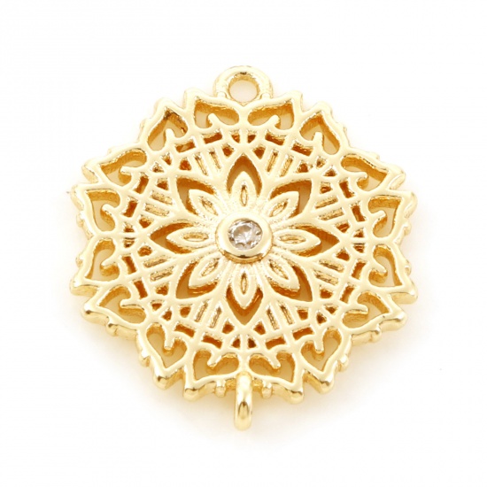Picture of Brass Connectors Real Gold Plated Flower Micro Pave Clear Cubic Zirconia 17mm x 14mm, 2 PCs