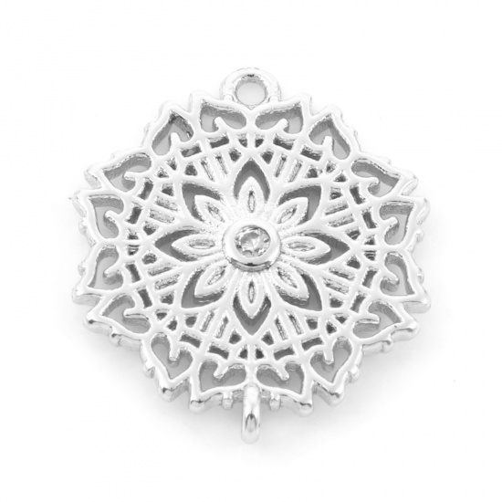 Picture of Brass Connectors Real Platinum Plated Flower Micro Pave Clear Cubic Zirconia 17mm x 14mm, 2 PCs