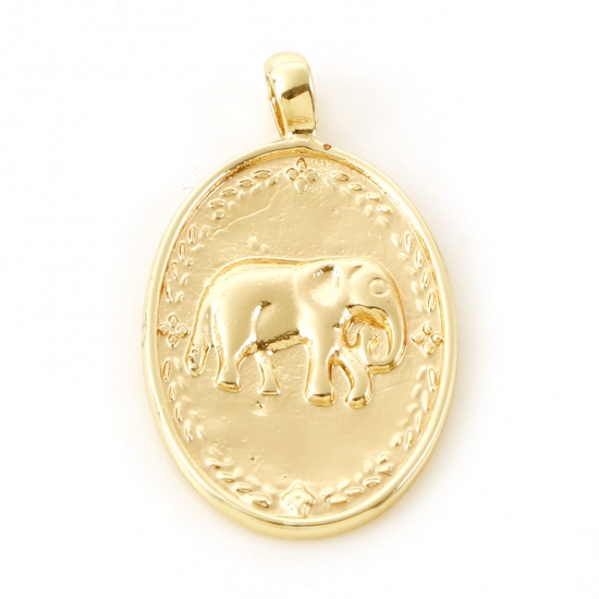 Picture of Brass Charms Oval Real Gold Plated Elephant 23mm x 13.5mm, 2 PCs