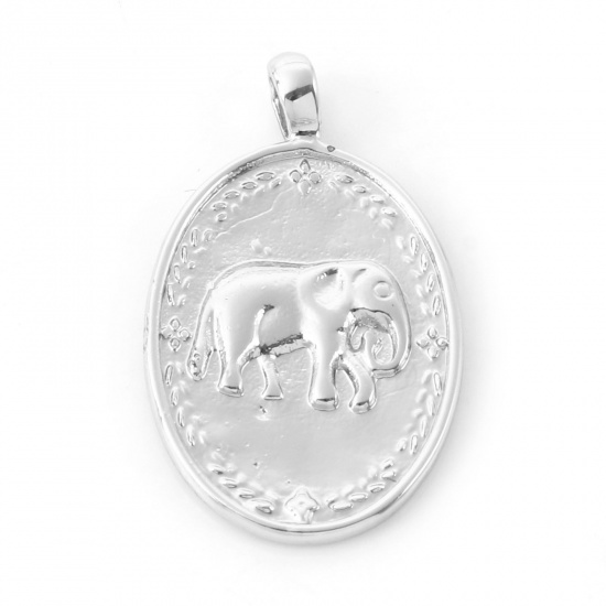 Picture of Brass Charms Oval Real Platinum Plated Elephant 23mm x 13.5mm, 2 PCs