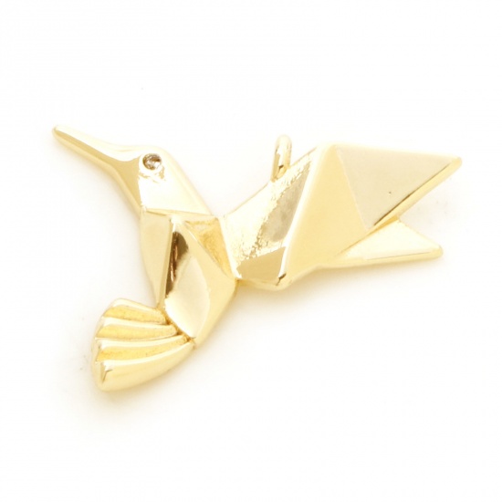 Picture of Brass Origami Charms Hummingbird Real Gold Plated Micro Pave Clear Cubic Zirconia 22mm x 17mm, 2 PCs                                                                                                                                                          