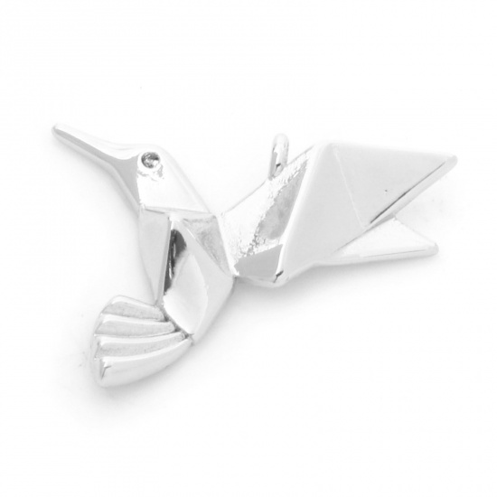 Picture of Brass Origami Charms Hummingbird Real Platinum Plated Micro Pave Clear Cubic Zirconia 22mm x 17mm, 2 PCs                                                                                                                                                      