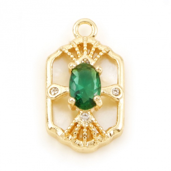 Imagen de Concha + Latón Colgantes Charms Hexágono Oro Real Chapado Micro Pave Verde Circón Artificial 17.5mm x 10mm, 1 Unidad