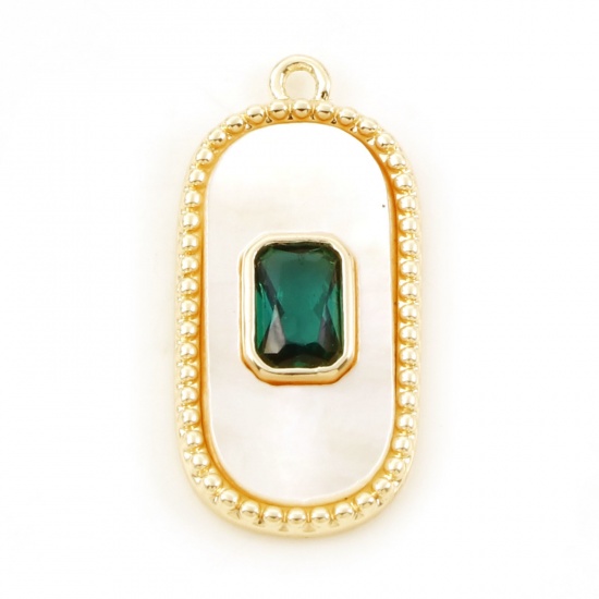 Imagen de Concha + Latón Colgantes Charms Óvalo Oro Real Chapado Micro Pave Verde Circón Artificial 23mm x 11mm, 1 Unidad