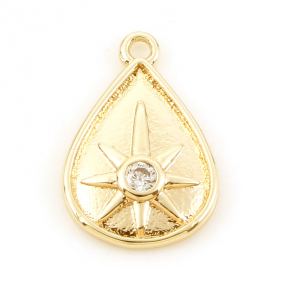 Image de Breloques Galaxie en Laiton Goutte d'Eau Plaqué Or Véritable Etoile Micro Pave à Zircone Cubique Clair 16mm x 10mm, 2 Pcs