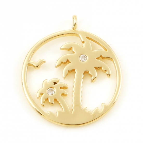 Picture of Brass Charms Round Real Gold Plated Coconut Palm Tree Micro Pave Clear Cubic Zirconia 22mm x 19mm, 2 PCs