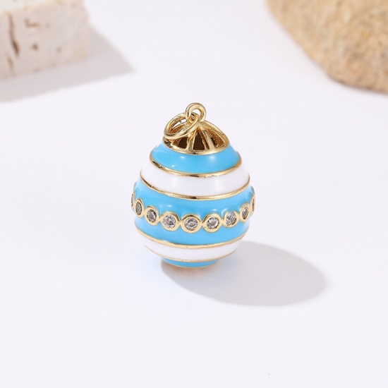 Picture of Brass Easter Day Charms Gold Plated White & Blue Egg Enamel Clear Cubic Zirconia 22mm x 15.7mm, 1 Piece                                                                                                                                                       