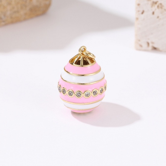 Picture of Brass Easter Day Charms Gold Plated White & Pink Egg Enamel Clear Cubic Zirconia 22mm x 15.7mm, 1 Piece                                                                                                                                                       