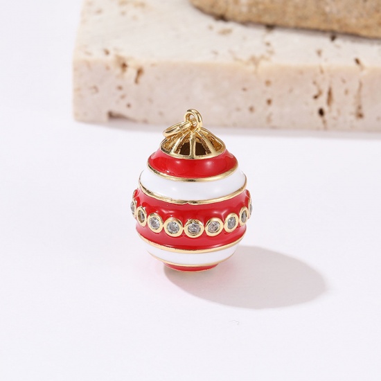 Picture of Brass Easter Day Charms Gold Plated White & Red Egg Enamel Clear Cubic Zirconia 22mm x 15.7mm, 1 Piece                                                                                                                                                        