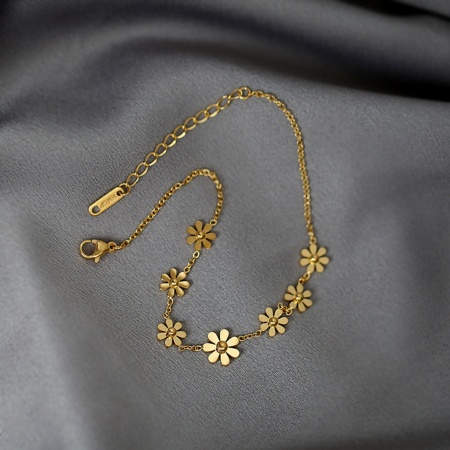 Picture of Wholesale Daisy Flower 304 Stainless Steel Link Chain Anklet, Gold Plated Women's Stylish Ins Style Gift Jewelry Supply, 21cm(8.3") long, 1 Piece
