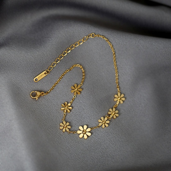 Picture of 304 Stainless Steel Stylish Link Chain Anklet Gold Plated Daisy Flower 21cm(8 2/8") long, 1 Piece