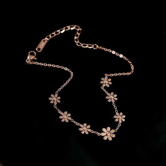 Picture of 304 Stainless Steel Stylish Link Chain Anklet Rose Gold Daisy Flower 21cm(8 2/8") long, 1 Piece