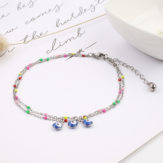 Picture of 304 Stainless Steel Stylish Link Cable Chain Multilayer Layered Anklet Silver Color Evil Eye 22cm(8 5/8") long, 1 Piece