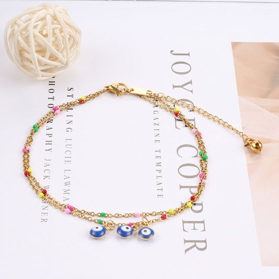Picture of 304 Stainless Steel Stylish Link Cable Chain Multilayer Layered Anklet Gold Plated Evil Eye 22cm(8 5/8") long, 1 Piece