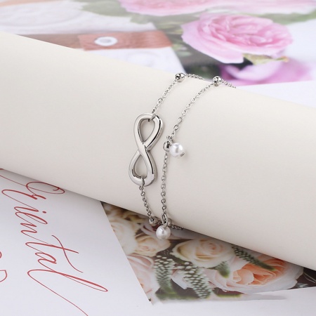 Bild von Großhandel Symbol von Unendlich Imitat Perle 304 Edelstahl Kreuz Gliederketten Mehrschichtige Fußkette, Silberfarbe Frauen Stilvoll Ins Stil Geschenk Schmuckbedarf, 22cm lang, 1 Strang