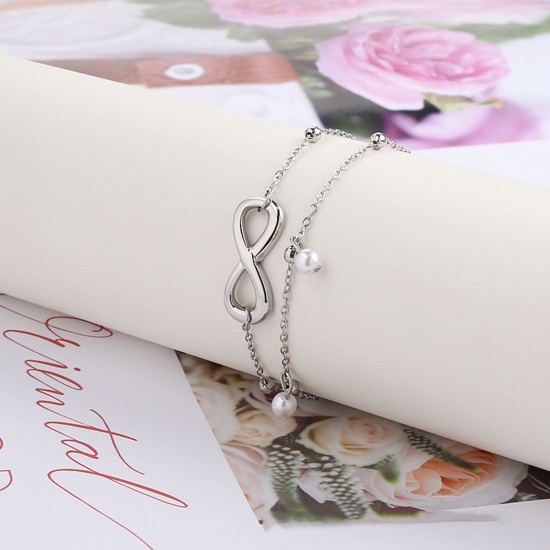 Picture of 304 Stainless Steel Stylish Link Cable Chain Multilayer Layered Anklet Silver Tone Imitation Pearl Infinity Symbol 22cm(8 5/8") long, 1 Piece