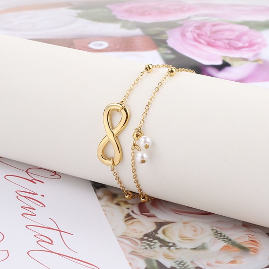 Picture of 304 Stainless Steel Stylish Link Cable Chain Multilayer Layered Anklet Gold Plated Imitation Pearl Infinity Symbol 22cm(8 5/8") long, 1 Piece