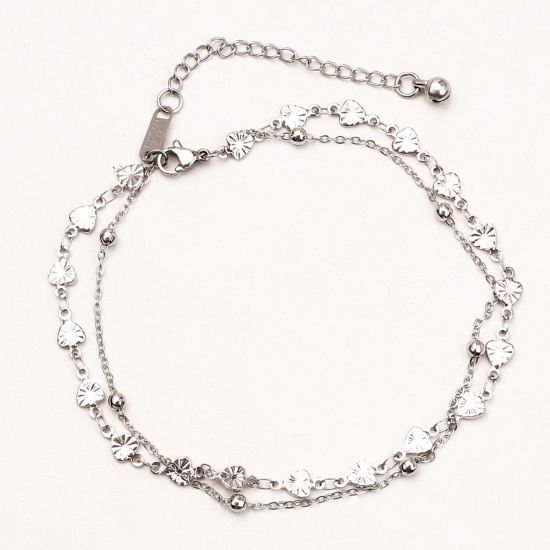 Picture of 304 Stainless Steel Stylish Link Chain Multilayer Layered Anklet Silver Tone Heart 24cm(9 4/8") long, 1 Piece