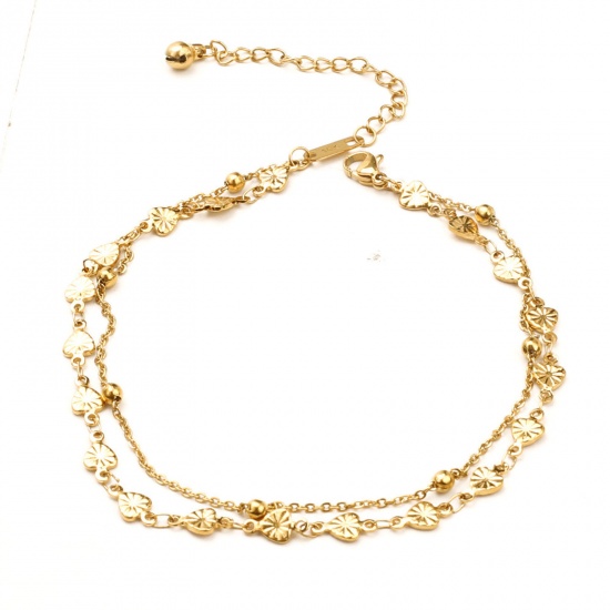 Picture of 304 Stainless Steel Stylish Link Chain Multilayer Layered Anklet Gold Plated Heart 24cm(9 4/8") long, 1 Piece