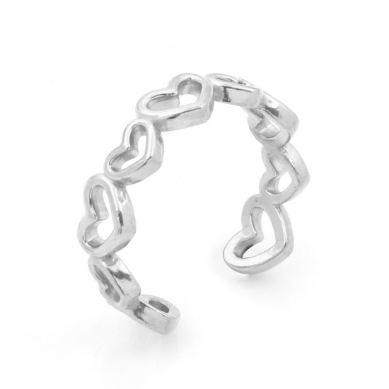 Immagine di 1 Pz Placcatura Sottovuoto PVD Ecologica 304 Acciaio Inossidabile San Valentino Aperto Regolabile Anello Tono Argento Cuore 18.5mm (taglia di US: 8.5)