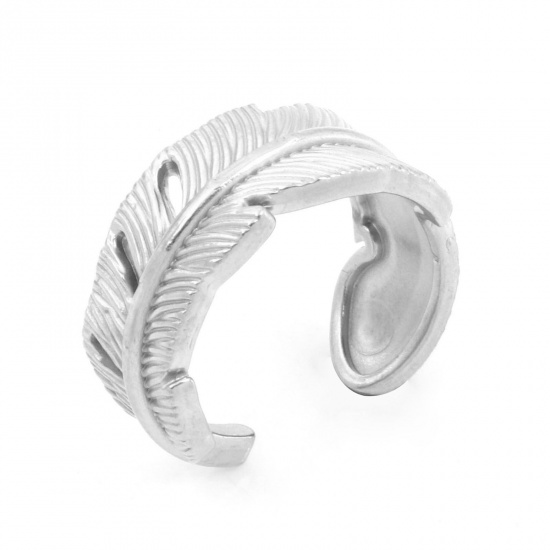 Immagine di 1 Pz Placcatura Sottovuoto PVD Ecologica 304 Acciaio Inossidabile Elegante Aperto Regolabile Anello Tono Argento Piuma 17.7mm (taglia di US: 7.5)